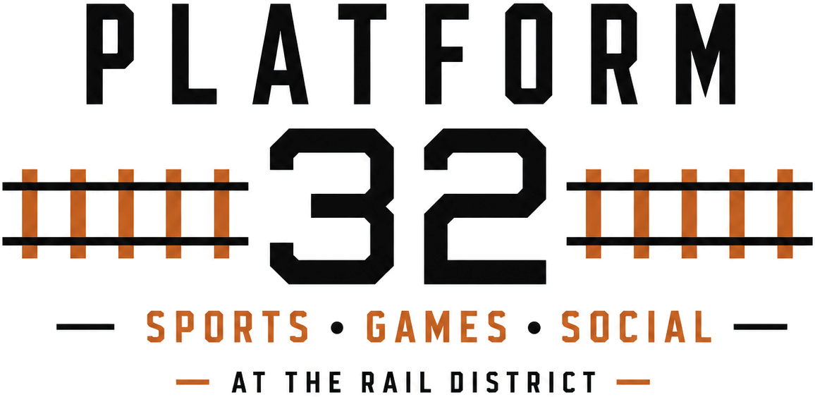 Platform 32 wordmark: "Platform 32 — Sports · Games · Social — At the Rail District," black and burnished orange on cream.